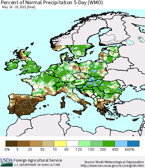 Europe Percent of Normal Precipitation 5-Day (WMO) Thematic Map For 5/16/2021 - 5/20/2021