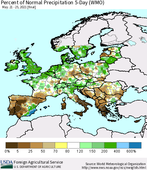 Europe Percent of Normal Precipitation 5-Day (WMO) Thematic Map For 5/21/2021 - 5/25/2021