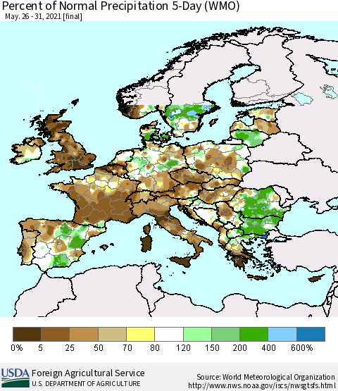 Europe Percent of Normal Precipitation 5-Day (WMO) Thematic Map For 5/26/2021 - 5/31/2021