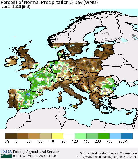 Europe Percent of Normal Precipitation 5-Day (WMO) Thematic Map For 6/1/2021 - 6/5/2021