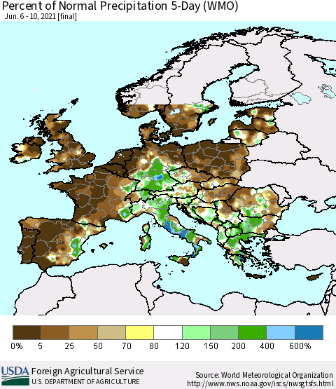 Europe Percent of Normal Precipitation 5-Day (WMO) Thematic Map For 6/6/2021 - 6/10/2021