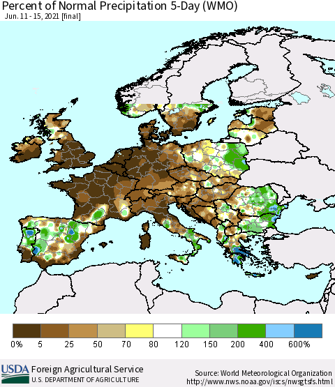 Europe Percent of Normal Precipitation 5-Day (WMO) Thematic Map For 6/11/2021 - 6/15/2021