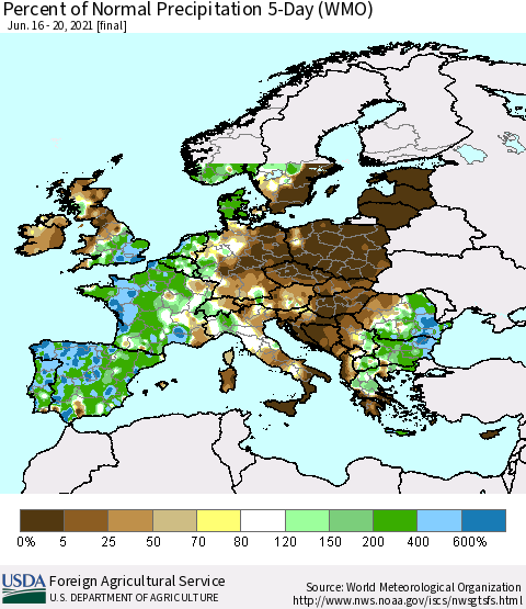 Europe Percent of Normal Precipitation 5-Day (WMO) Thematic Map For 6/16/2021 - 6/20/2021