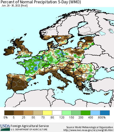 Europe Percent of Normal Precipitation 5-Day (WMO) Thematic Map For 6/26/2021 - 6/30/2021