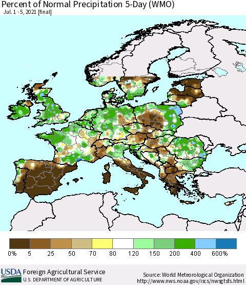 Europe Percent of Normal Precipitation 5-Day (WMO) Thematic Map For 7/1/2021 - 7/5/2021