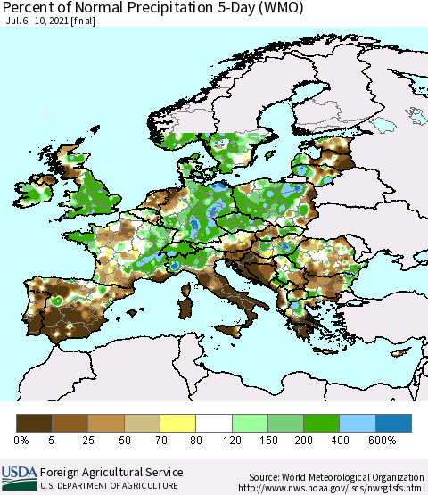 Europe Percent of Normal Precipitation 5-Day (WMO) Thematic Map For 7/6/2021 - 7/10/2021