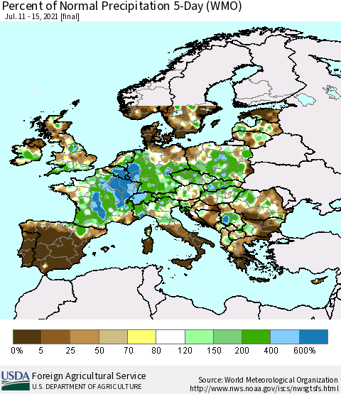 Europe Percent of Normal Precipitation 5-Day (WMO) Thematic Map For 7/11/2021 - 7/15/2021