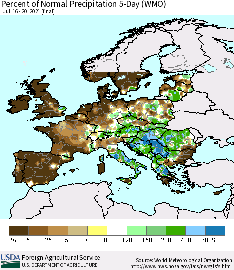 Europe Percent of Normal Precipitation 5-Day (WMO) Thematic Map For 7/16/2021 - 7/20/2021