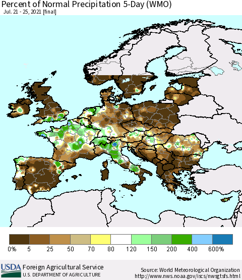 Europe Percent of Normal Precipitation 5-Day (WMO) Thematic Map For 7/21/2021 - 7/25/2021