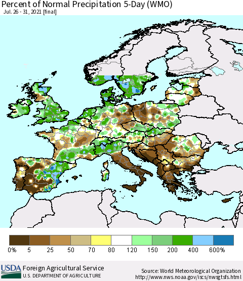 Europe Percent of Normal Precipitation 5-Day (WMO) Thematic Map For 7/26/2021 - 7/31/2021