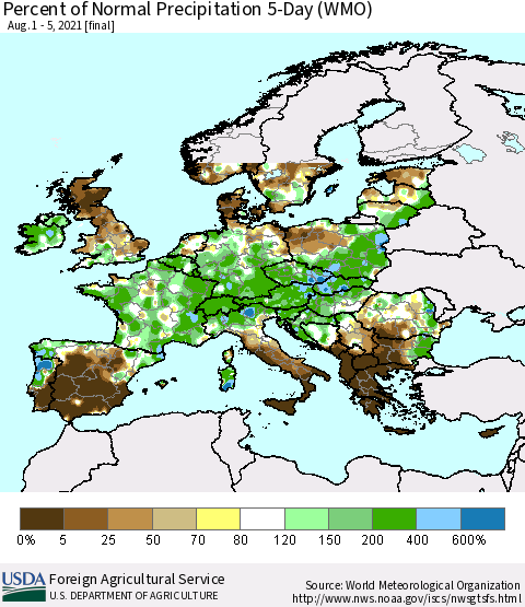 Europe Percent of Normal Precipitation 5-Day (WMO) Thematic Map For 8/1/2021 - 8/5/2021