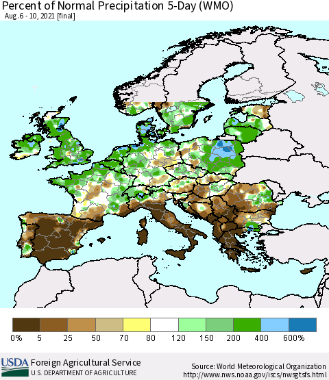 Europe Percent of Normal Precipitation 5-Day (WMO) Thematic Map For 8/6/2021 - 8/10/2021