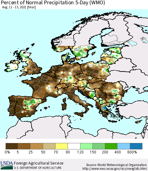 Europe Percent of Normal Precipitation 5-Day (WMO) Thematic Map For 8/11/2021 - 8/15/2021
