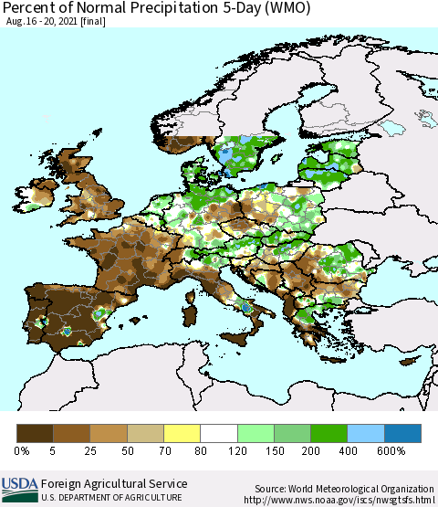 Europe Percent of Normal Precipitation 5-Day (WMO) Thematic Map For 8/16/2021 - 8/20/2021