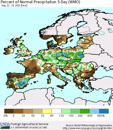Europe Percent of Normal Precipitation 5-Day (WMO) Thematic Map For 8/21/2021 - 8/25/2021