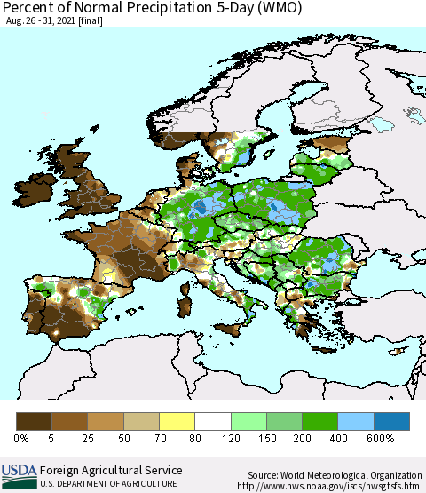 Europe Percent of Normal Precipitation 5-Day (WMO) Thematic Map For 8/26/2021 - 8/31/2021