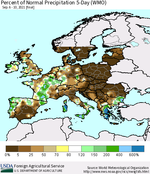 Europe Percent of Normal Precipitation 5-Day (WMO) Thematic Map For 9/6/2021 - 9/10/2021