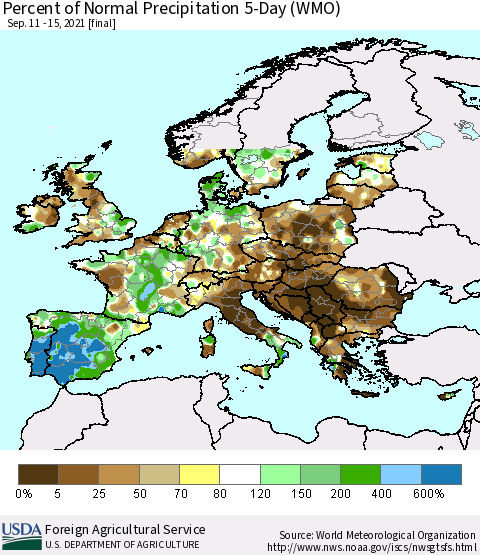 Europe Percent of Normal Precipitation 5-Day (WMO) Thematic Map For 9/11/2021 - 9/15/2021