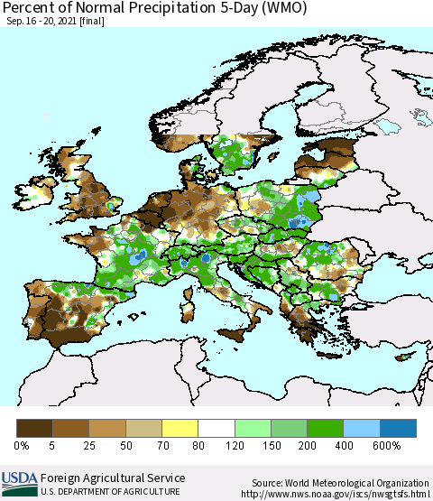 Europe Percent of Normal Precipitation 5-Day (WMO) Thematic Map For 9/16/2021 - 9/20/2021