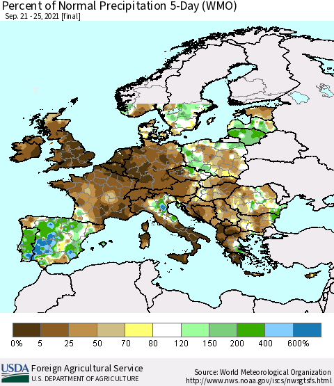 Europe Percent of Normal Precipitation 5-Day (WMO) Thematic Map For 9/21/2021 - 9/25/2021