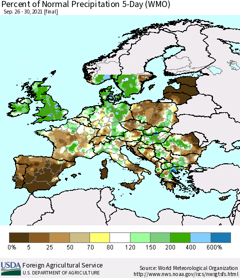 Europe Percent of Normal Precipitation 5-Day (WMO) Thematic Map For 9/26/2021 - 9/30/2021