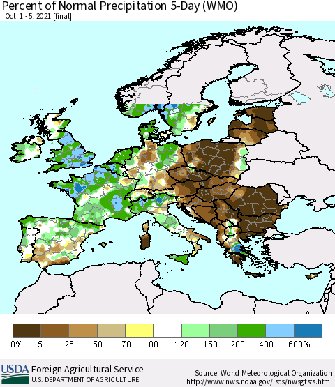 Europe Percent of Normal Precipitation 5-Day (WMO) Thematic Map For 10/1/2021 - 10/5/2021