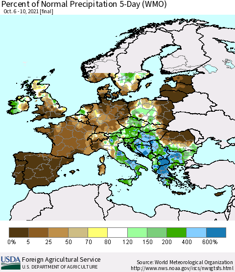 Europe Percent of Normal Precipitation 5-Day (WMO) Thematic Map For 10/6/2021 - 10/10/2021
