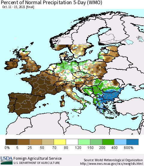 Europe Percent of Normal Precipitation 5-Day (WMO) Thematic Map For 10/11/2021 - 10/15/2021