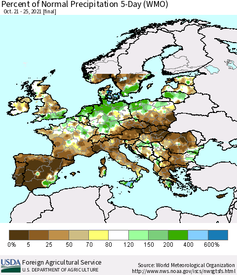 Europe Percent of Normal Precipitation 5-Day (WMO) Thematic Map For 10/21/2021 - 10/25/2021