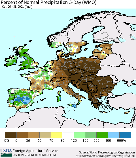 Europe Percent of Normal Precipitation 5-Day (WMO) Thematic Map For 10/26/2021 - 10/31/2021