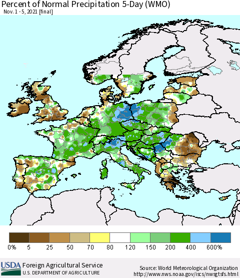 Europe Percent of Normal Precipitation 5-Day (WMO) Thematic Map For 11/1/2021 - 11/5/2021