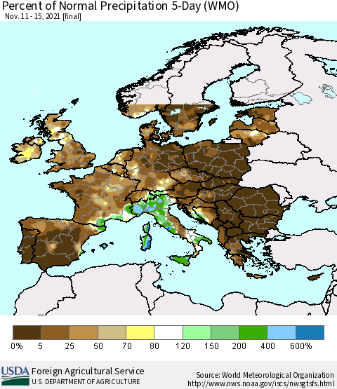 Europe Percent of Normal Precipitation 5-Day (WMO) Thematic Map For 11/11/2021 - 11/15/2021