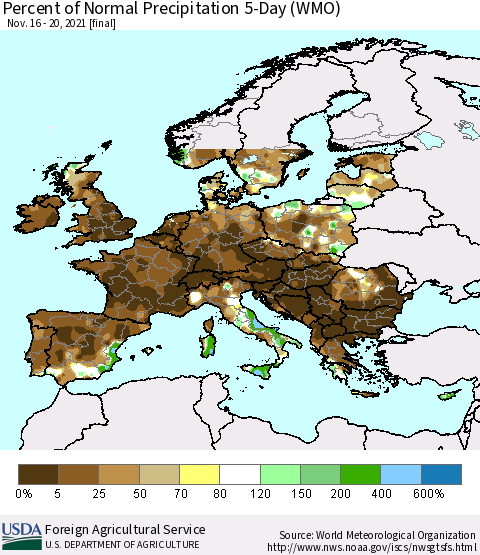 Europe Percent of Normal Precipitation 5-Day (WMO) Thematic Map For 11/16/2021 - 11/20/2021