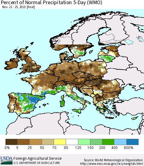 Europe Percent of Normal Precipitation 5-Day (WMO) Thematic Map For 11/21/2021 - 11/25/2021