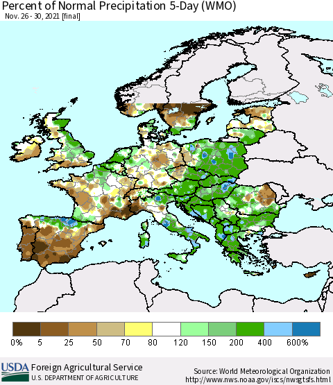 Europe Percent of Normal Precipitation 5-Day (WMO) Thematic Map For 11/26/2021 - 11/30/2021