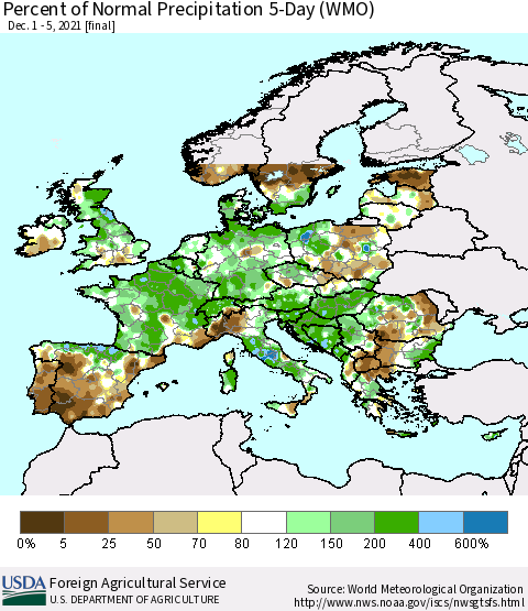 Europe Percent of Normal Precipitation 5-Day (WMO) Thematic Map For 12/1/2021 - 12/5/2021