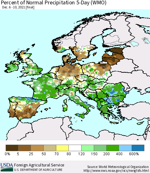 Europe Percent of Normal Precipitation 5-Day (WMO) Thematic Map For 12/6/2021 - 12/10/2021