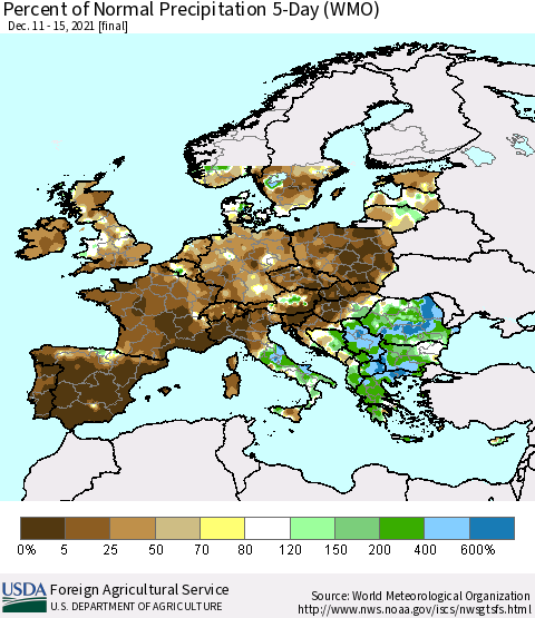 Europe Percent of Normal Precipitation 5-Day (WMO) Thematic Map For 12/11/2021 - 12/15/2021