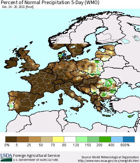 Europe Percent of Normal Precipitation 5-Day (WMO) Thematic Map For 12/16/2021 - 12/20/2021