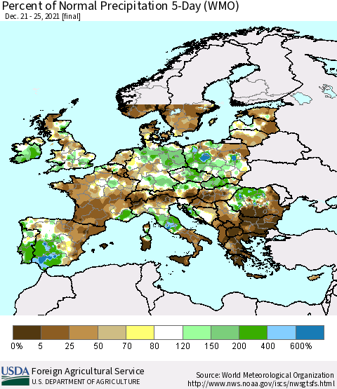 Europe Percent of Normal Precipitation 5-Day (WMO) Thematic Map For 12/21/2021 - 12/25/2021