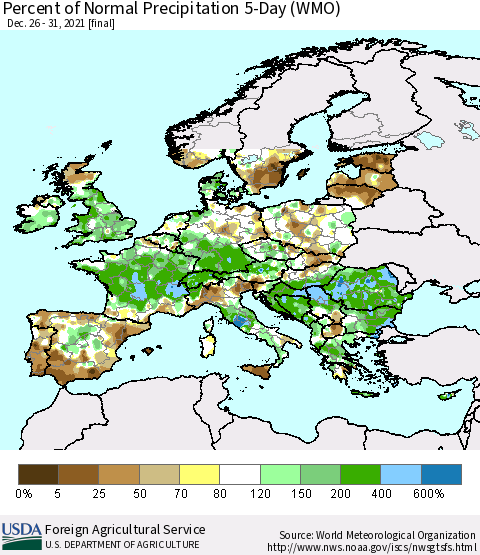 Europe Percent of Normal Precipitation 5-Day (WMO) Thematic Map For 12/26/2021 - 12/31/2021