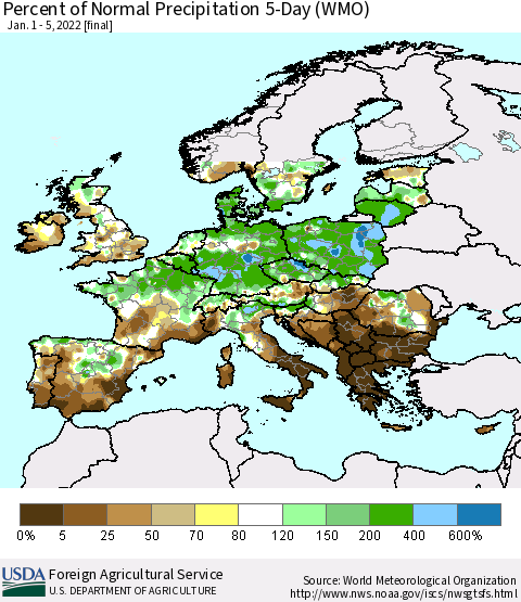 Europe Percent of Normal Precipitation 5-Day (WMO) Thematic Map For 1/1/2022 - 1/5/2022