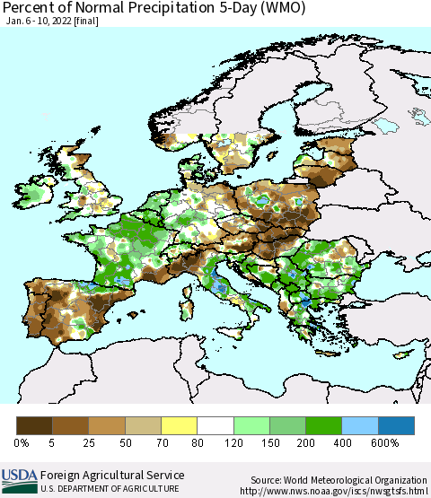 Europe Percent of Normal Precipitation 5-Day (WMO) Thematic Map For 1/6/2022 - 1/10/2022