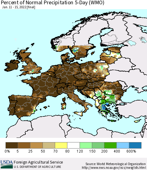 Europe Percent of Normal Precipitation 5-Day (WMO) Thematic Map For 1/11/2022 - 1/15/2022