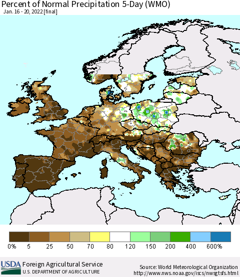 Europe Percent of Normal Precipitation 5-Day (WMO) Thematic Map For 1/16/2022 - 1/20/2022