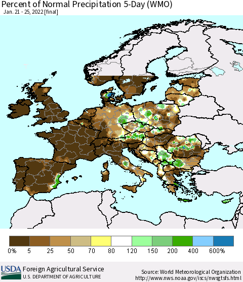 Europe Percent of Normal Precipitation 5-Day (WMO) Thematic Map For 1/21/2022 - 1/25/2022
