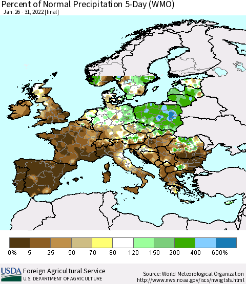 Europe Percent of Normal Precipitation 5-Day (WMO) Thematic Map For 1/26/2022 - 1/31/2022