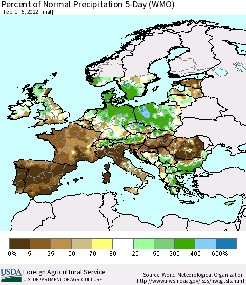 Europe Percent of Normal Precipitation 5-Day (WMO) Thematic Map For 2/1/2022 - 2/5/2022