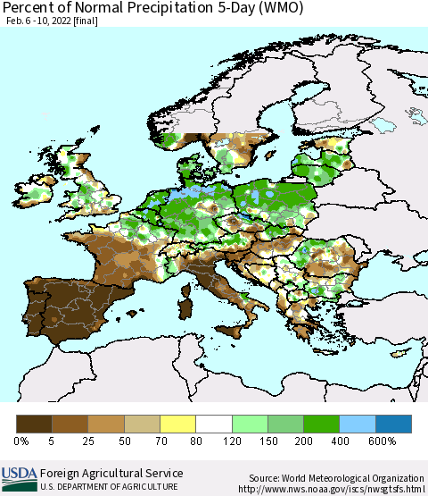 Europe Percent of Normal Precipitation 5-Day (WMO) Thematic Map For 2/6/2022 - 2/10/2022