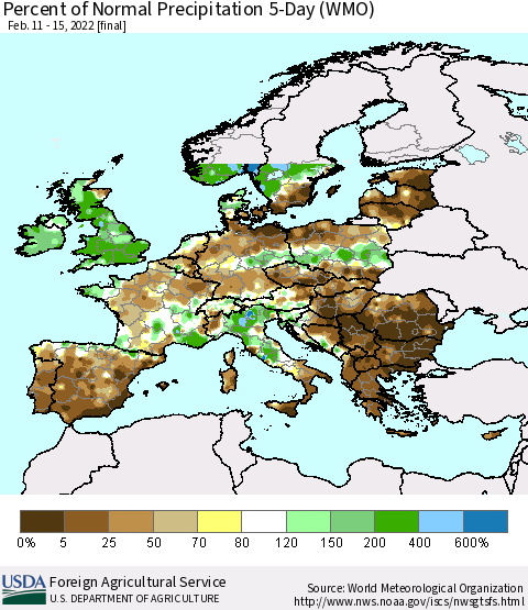 Europe Percent of Normal Precipitation 5-Day (WMO) Thematic Map For 2/11/2022 - 2/15/2022